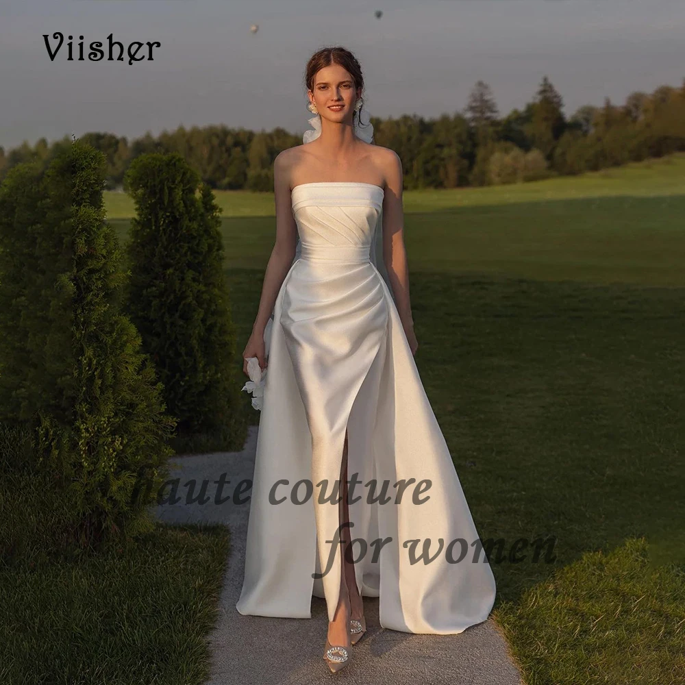 

Modest Civil Wedding Dresses with Slit Pleats Satin Strapless Bridal Gowns with Train Long Beach Wedding Dress Lace Up Back