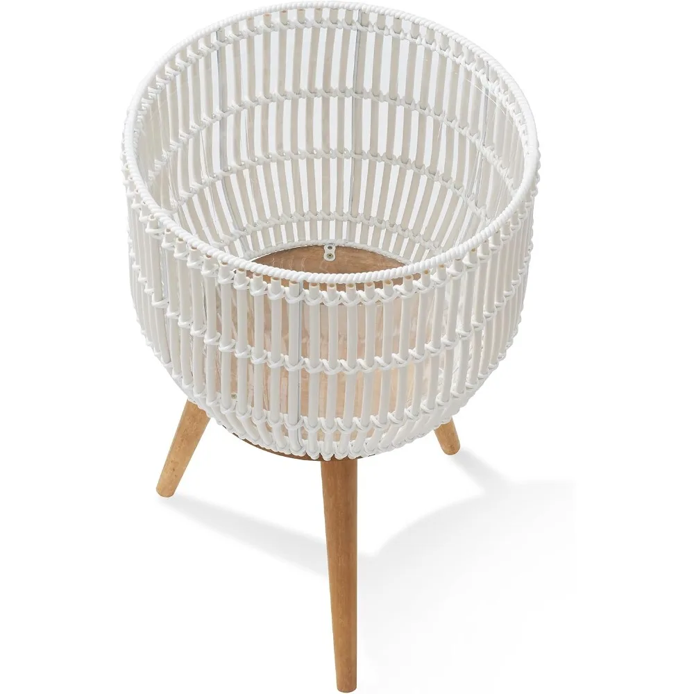 White Floor Planter with Stand, Wood Legs, Liner for Indoor Plants and Trees