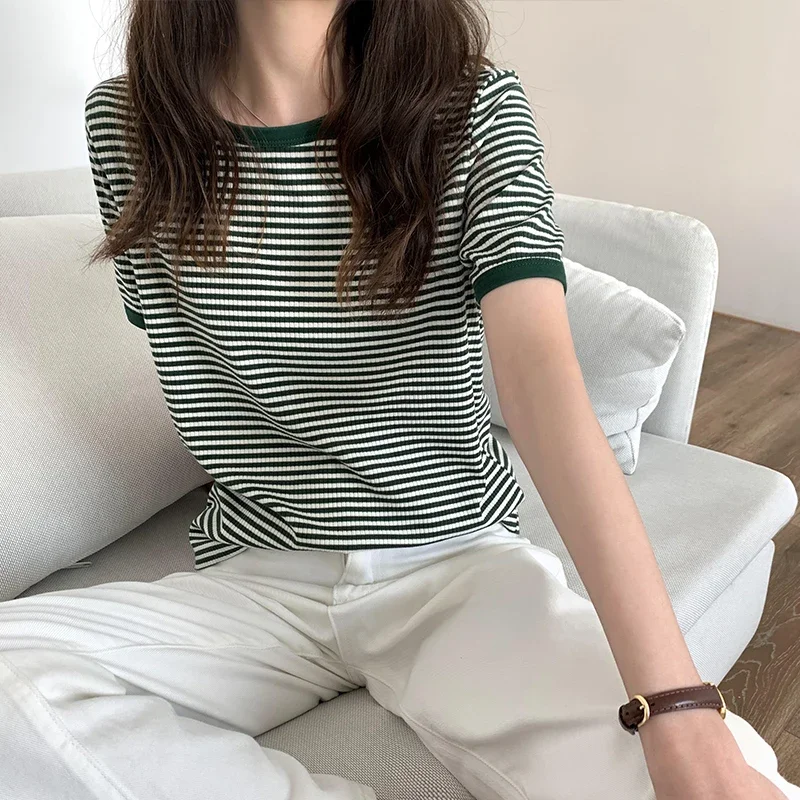 Vintage Japan O Neck Short Sleeve Striped Tshirts Women Summer Contrast Tops Clothing Fashion Wild Tees Cotton Y2k Shirt