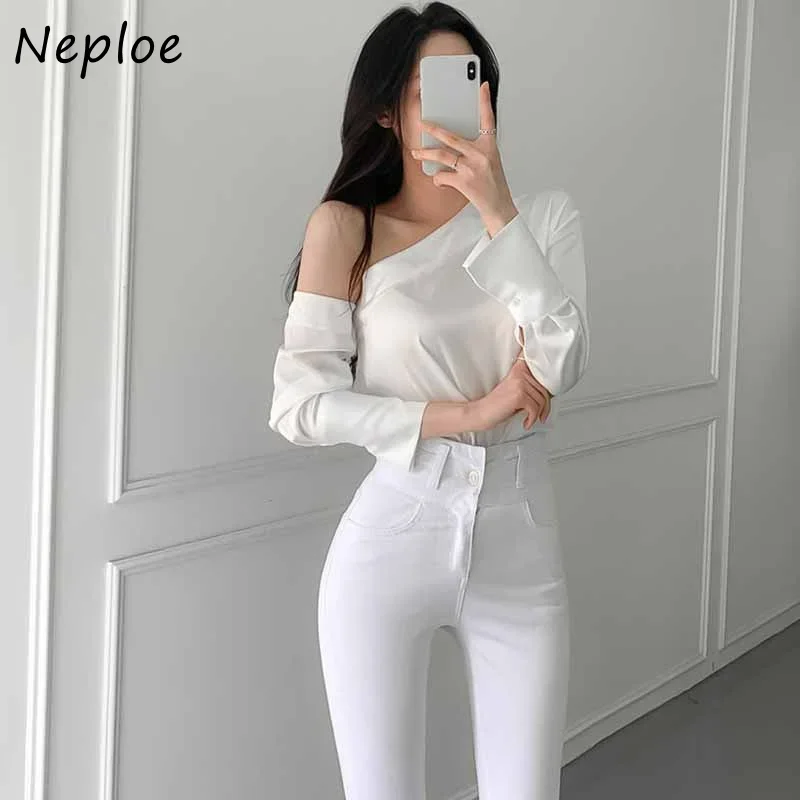 Neploe Irregular One-shoulder Design Sexy Blouses Shirts Women Slim Waist Solid Color Camisas Mujer Temperament Blusas Tops