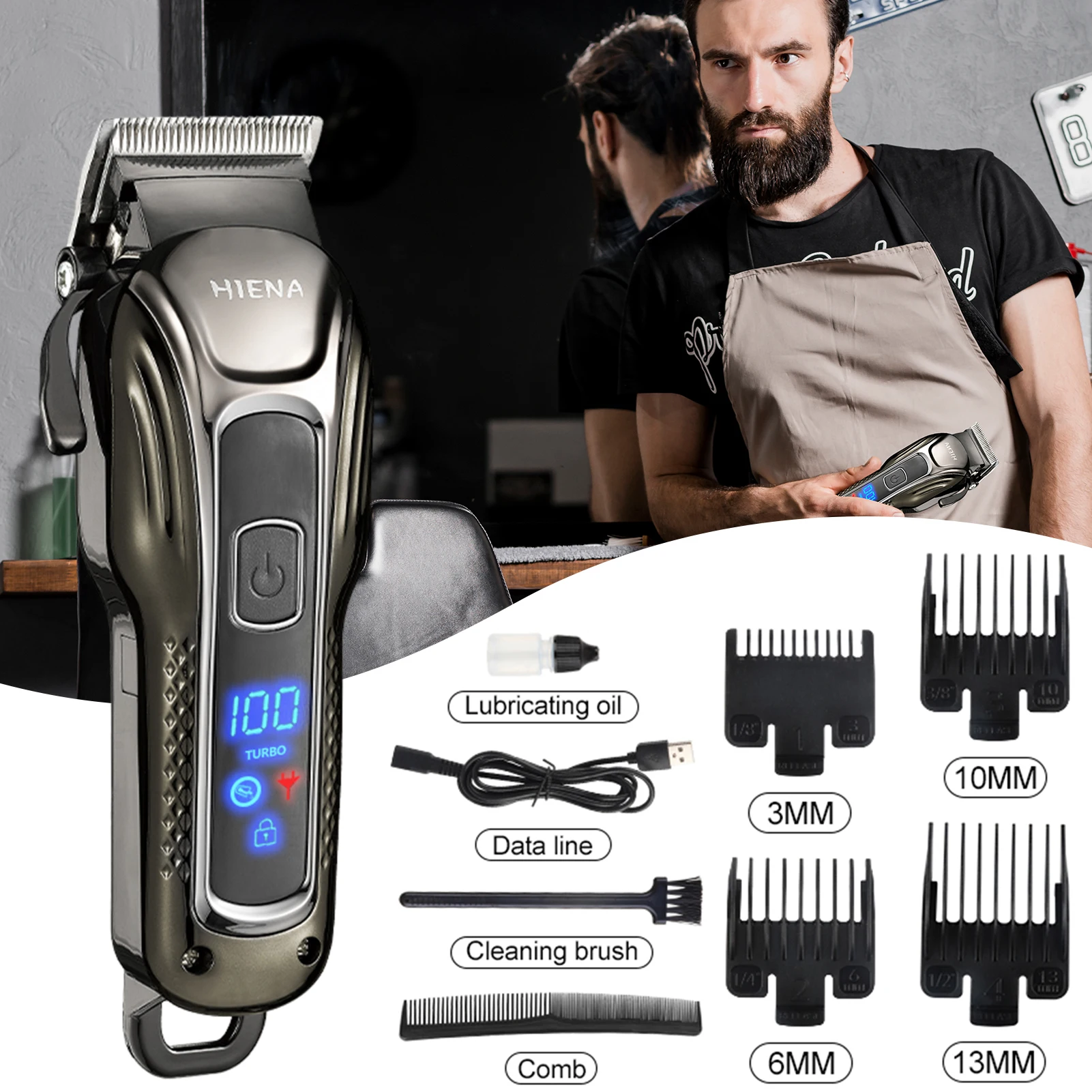 Hiena profissional aparador de cabelo display lcd conjunto máquina de cortar cabelo elétrica para adultos crianças 2 engrenagens ajustável cabelo barba barbeador