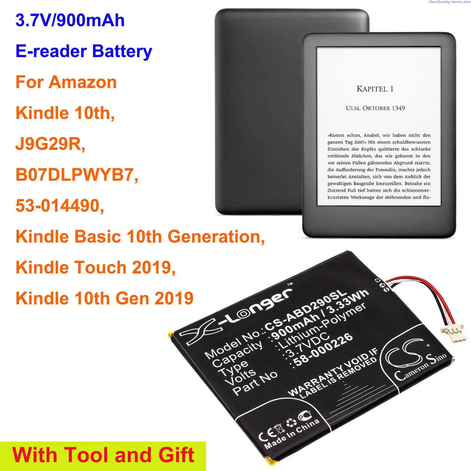 Cameron Sino 900mAh E-reader Battery 58-000226 for Amazon Kindle 10th,J9G29R,53-014490,Kindle Touch 2019,Kindle 10th Gen 2019