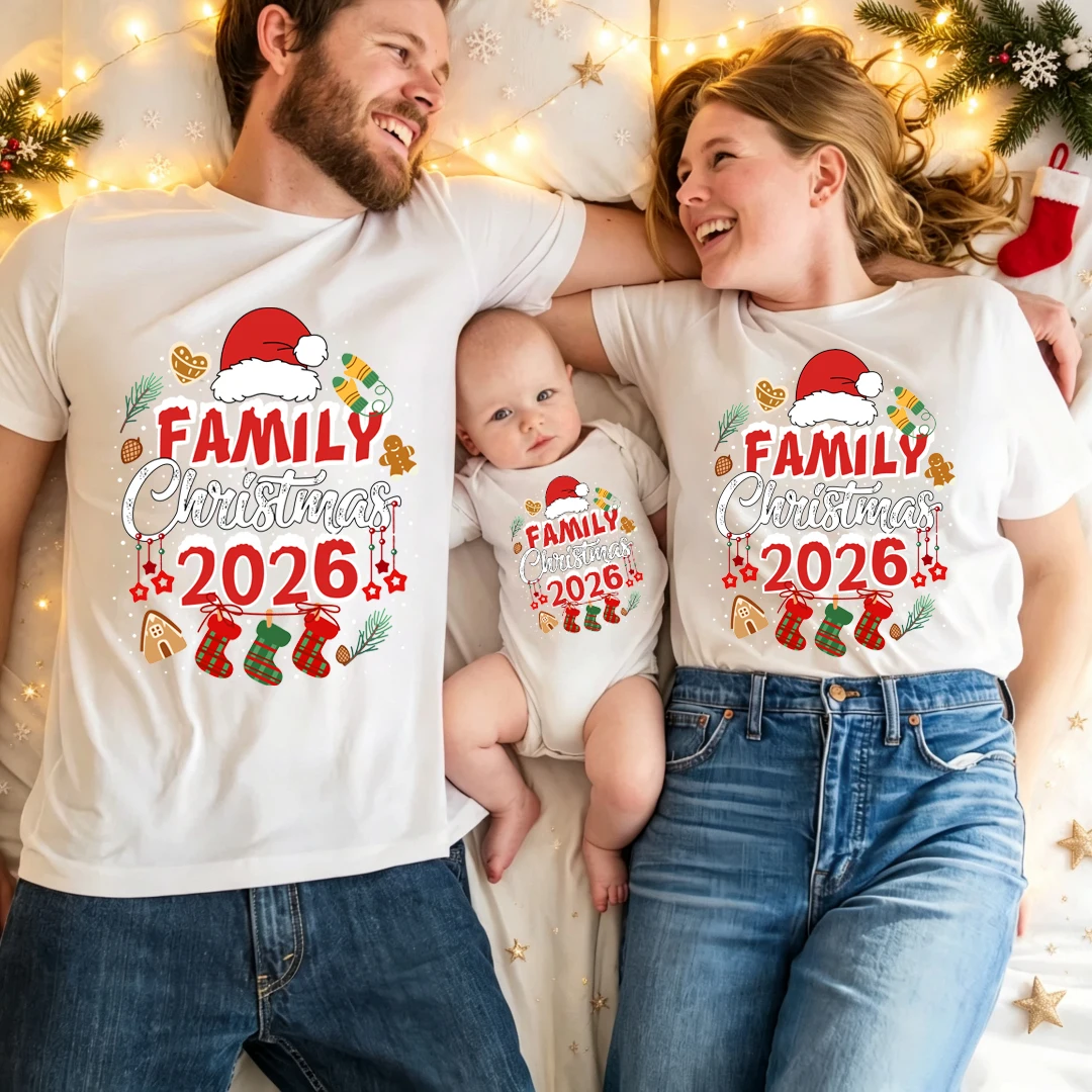 Family Matching Christmas Outfits Family Christmas 2026 Santa Hat Gingerbread Print Black Tops Mom Dad Kid Baby Romper Xmas Look