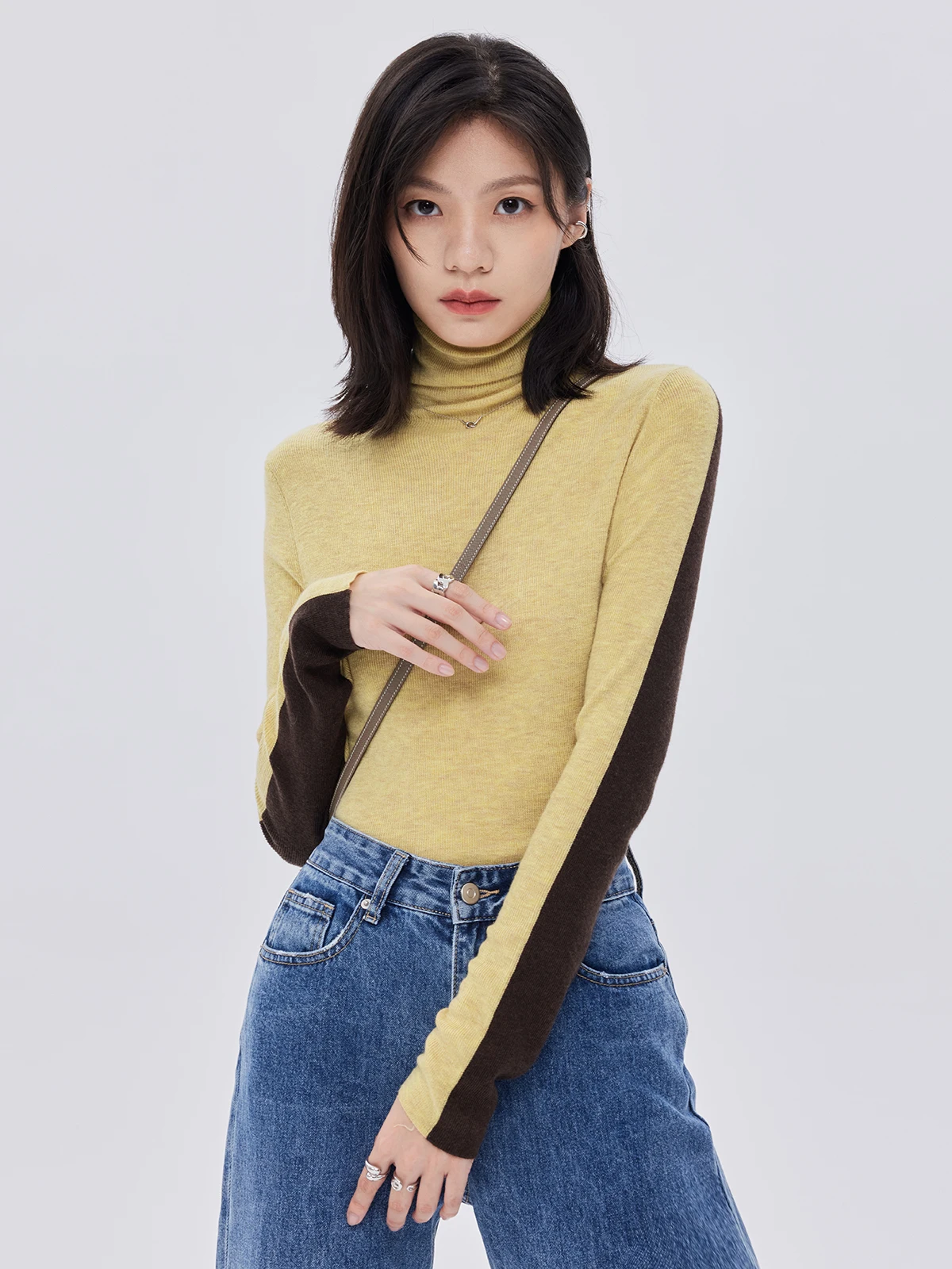 

Spring and Autumn New Women's Sweater, High Neck Pullover Yellow Slim Fit Fashionable Base Sweater