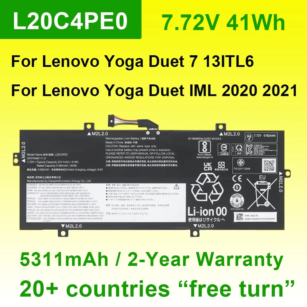 L20C4PE0 L20M4PE0 For Lenovo Yoga Duet 7-13ITL6 IML 2020 2021 Series SB10X87836 SB10X87837 Laptop Battery 7.72V 41Wh 5311mAh