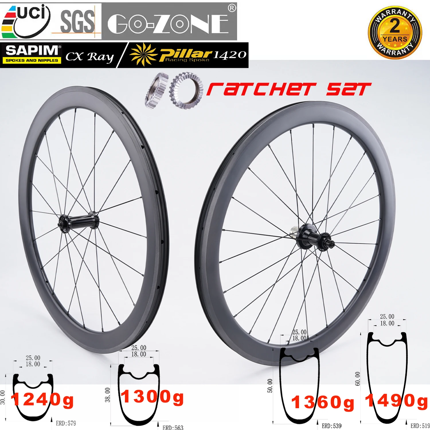 

Ultralight Rim Brake 700c Carbon Wheels 52T Ratchet Sapim / Pillar GOZONE R300 Steel TPI / Ceramic Bearings Road Bike Wheelset