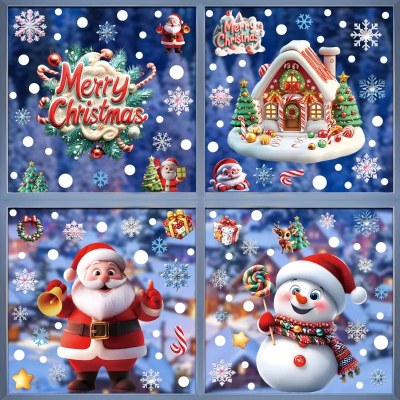 Christmas Static Cling Stickers - Snowman Snowflake Santa Claus Window Decals for Holiday Party Decor