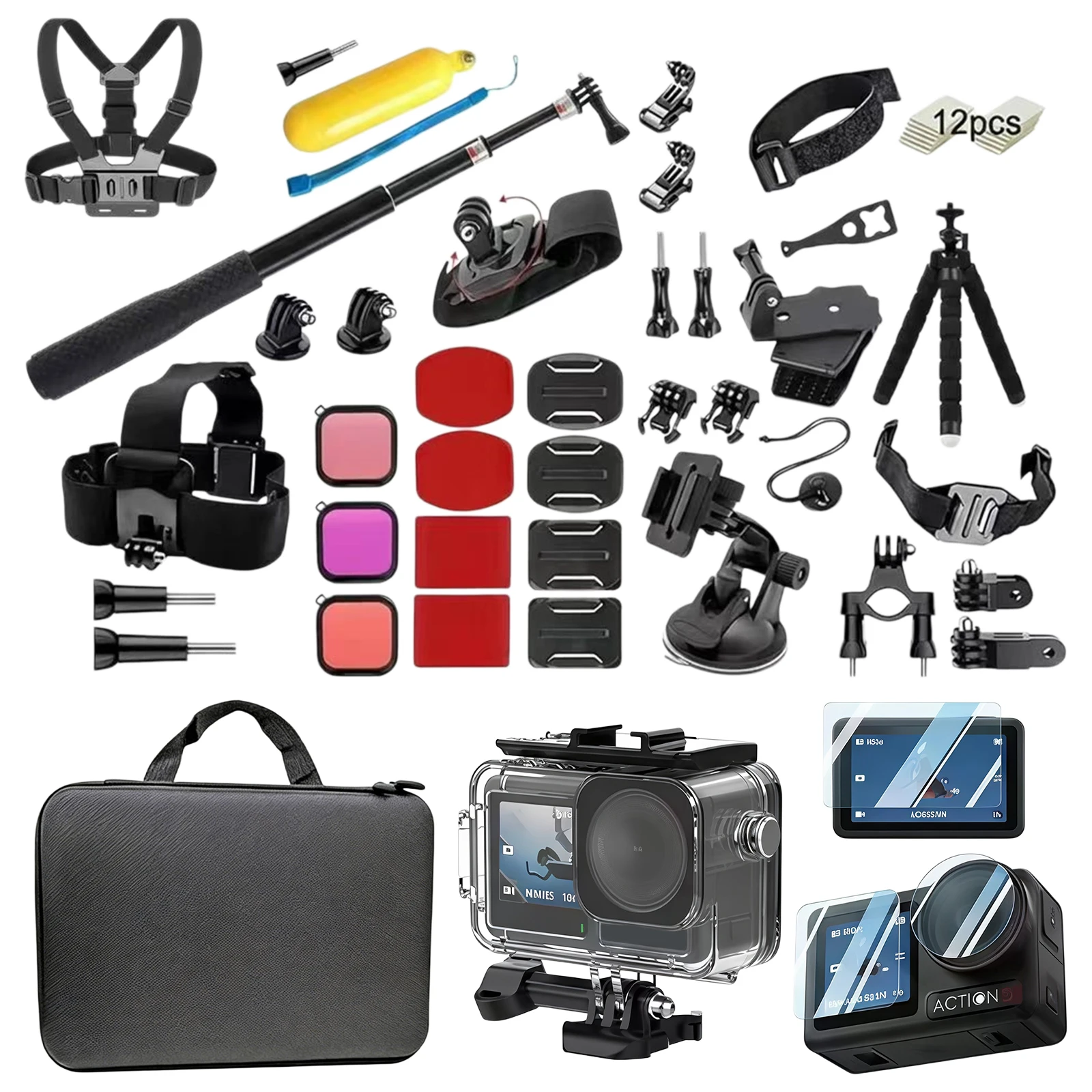 

47pcs Action Camera Accessories Kit for DJI Action 4/3 Mount Floating Hand Grip Tripod Storage Bag Camera Live Streaming Kit