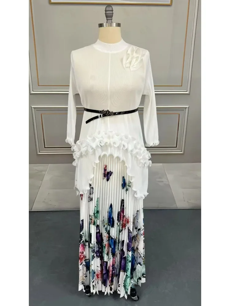 

ANLAN Fashion Print Pleated Miyake 2 Piece Sets Women Belt Loose Tops + High Waist A-line Long Skirts Set 2025 Summer New 6AN951