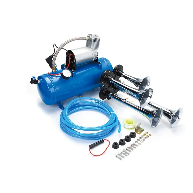 Air Horn 12V Compressor Kit Blue Tank Gauge For Train Truck Car 150PSI Trumpet Air Horn