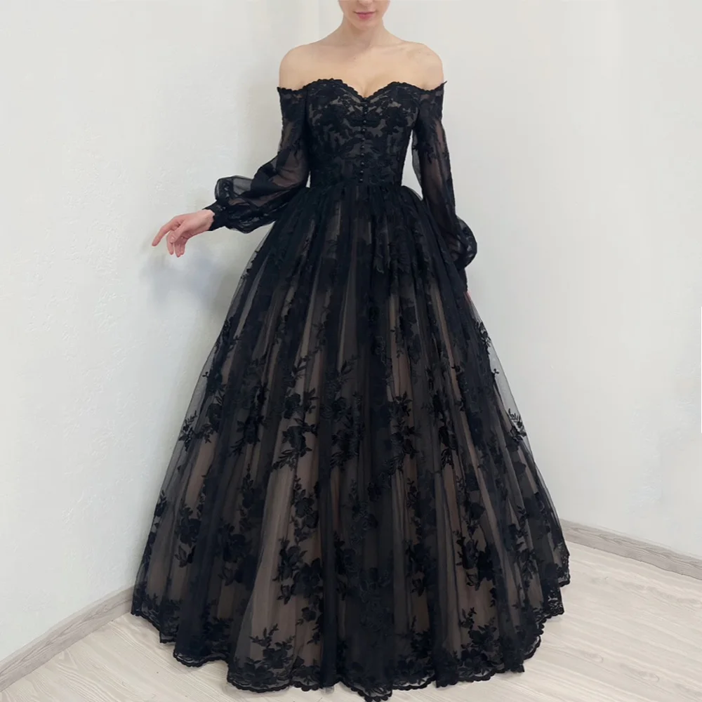 Romantic Gothic Wedding Dress Woman Puff Sleeves Sweetheart Applique Floor Length Corset Black Bridal Gown Vestido De Noiva