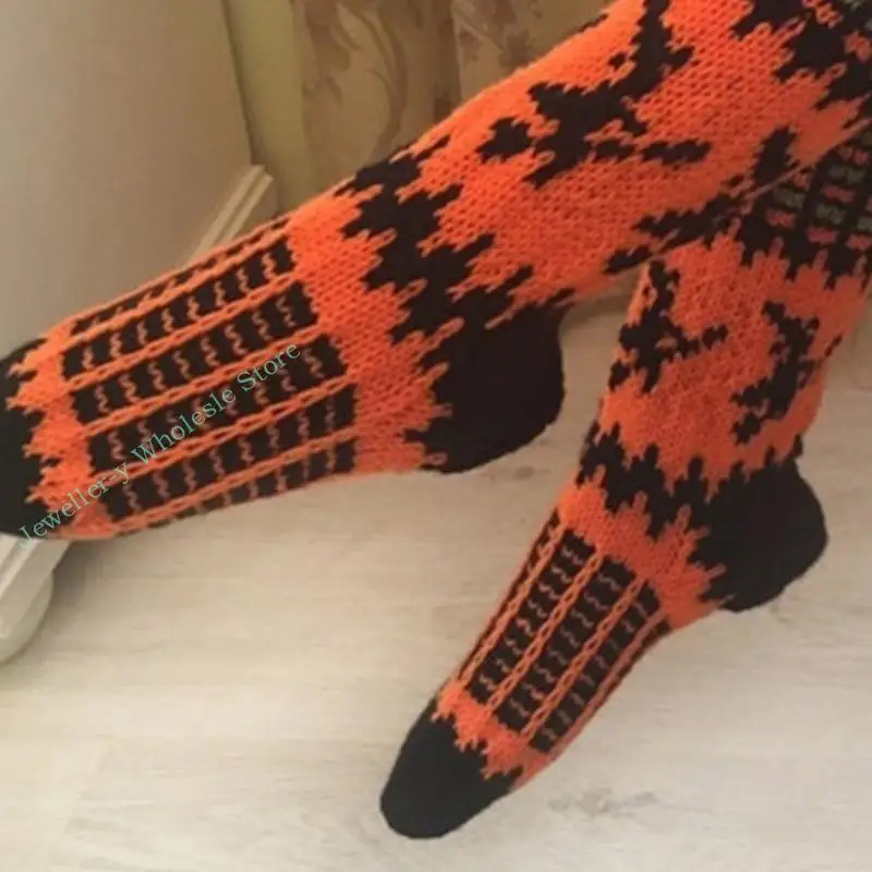 

R7UF Women Knit Over Knee Long Stockings Halloween Witch Pumpkin Boot Socks