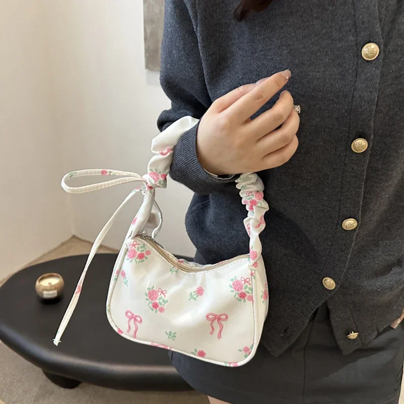 

Women Underarm Bags Canvas Pleated Drawstring Purse Aesthetic Floral Bow Design Y2K Pretty Fashion Shoulder Handbags