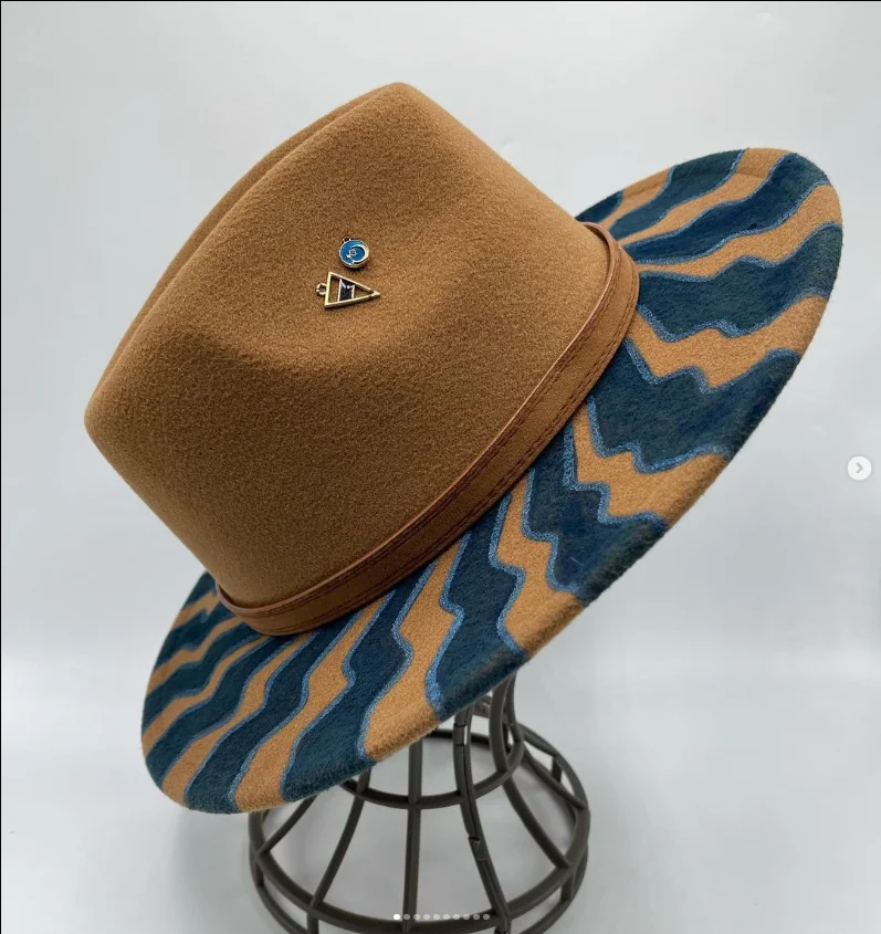 Ręcznie malowany kapelusz Fedora męski i damski kapelusz Panama wiosna jesień moda z owiniętym piórem wełniany kapelusz Fedora z dużym rondem