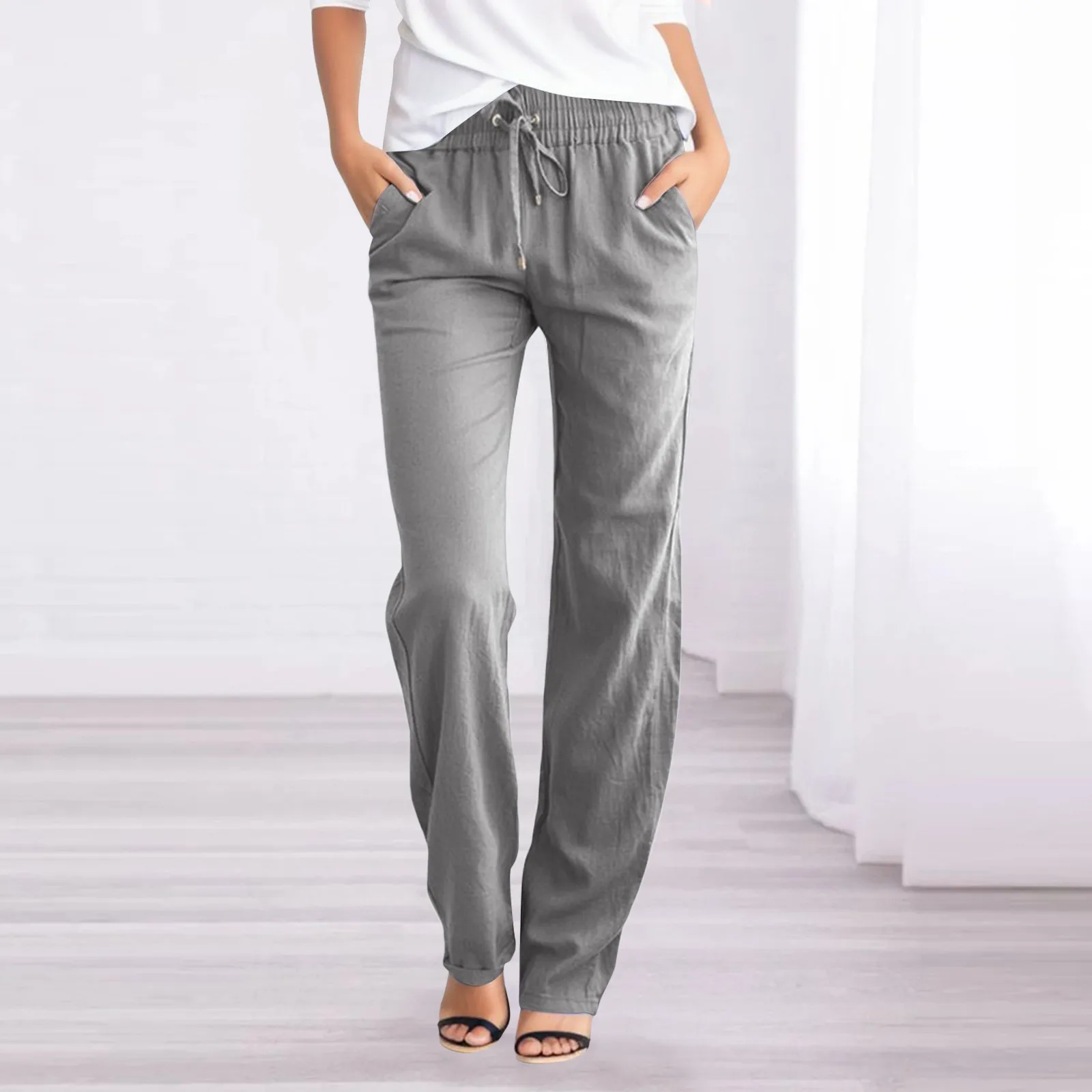 

Womens Solid Straight Drawstring Pants Women Casual Slight Strech Loose Fit Pants Basics Office Lady Ankle-Length Pants