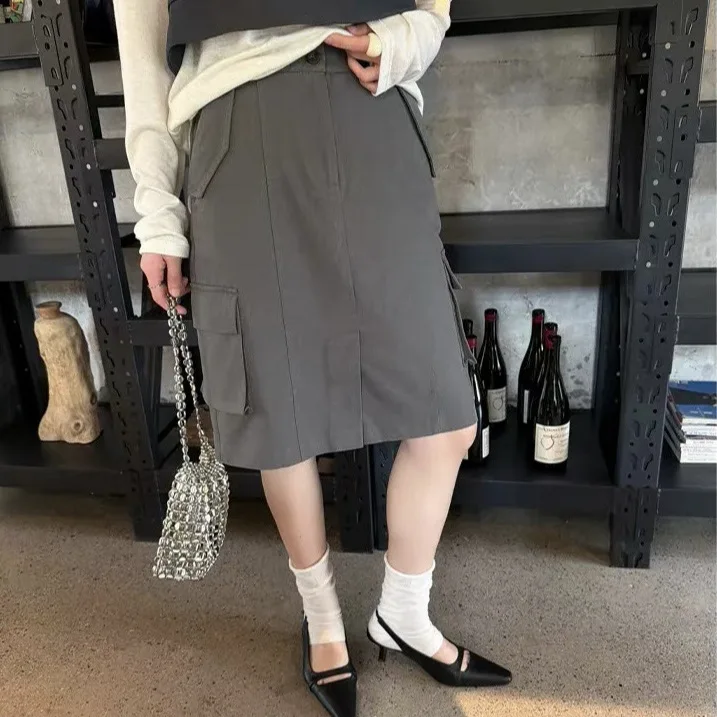 East Gate 2026 New Casual Multi-Pocket Workwear Split  Skirt Versatile Short Skirt Workwear Skirt Cotton Casual Style