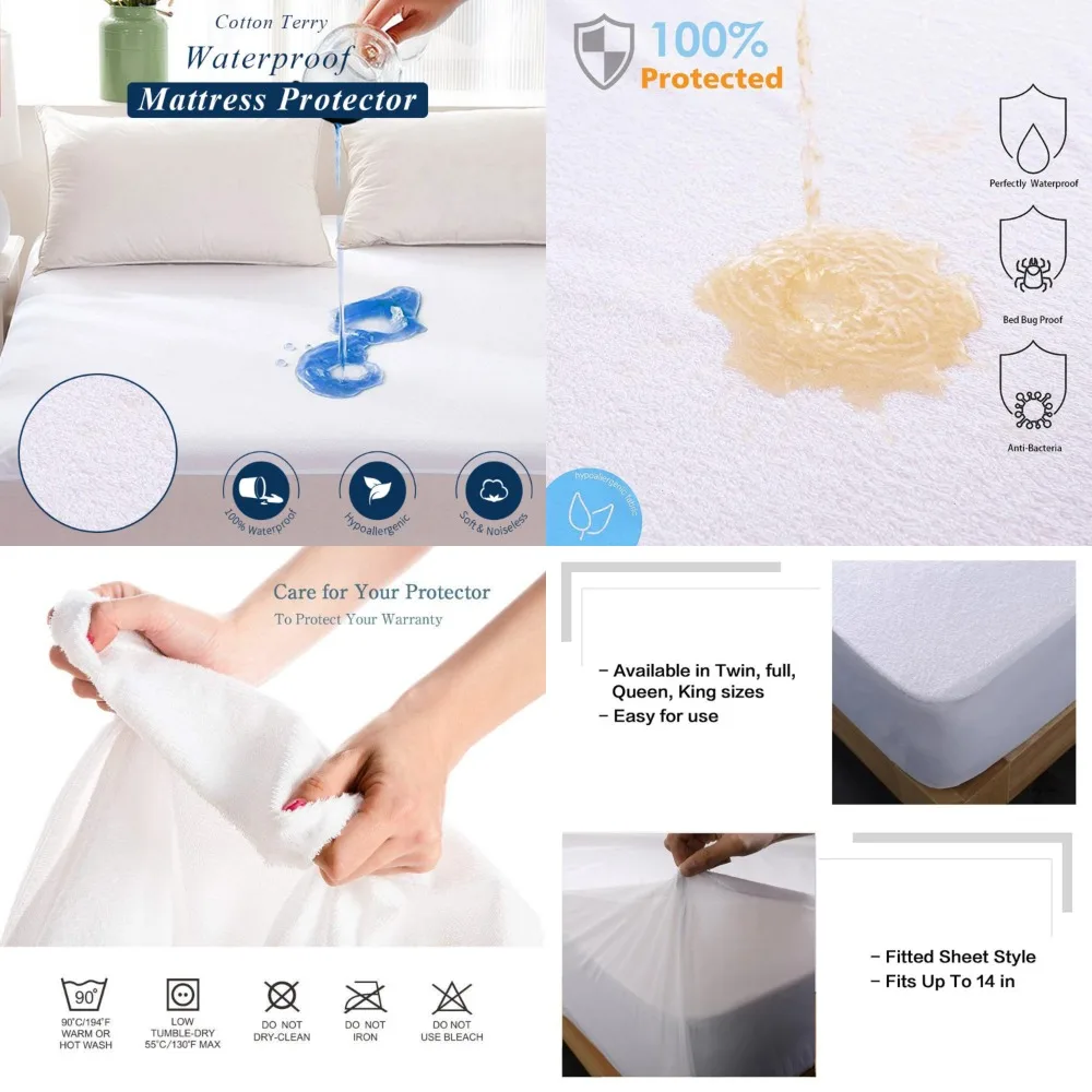 

Soft Hypoallergenic Cotton Terry Mattress Cover Protector - Waterproof, Anti-Mites, Machine Washable, Breathable Sheet Protector