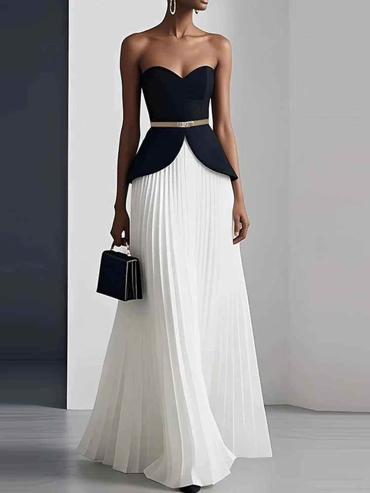 Light Luxury High Waist Irregular Dress Sexy Color Blocking Off Shoulder Party Evening Dress Elegant Strapless Backless Dress