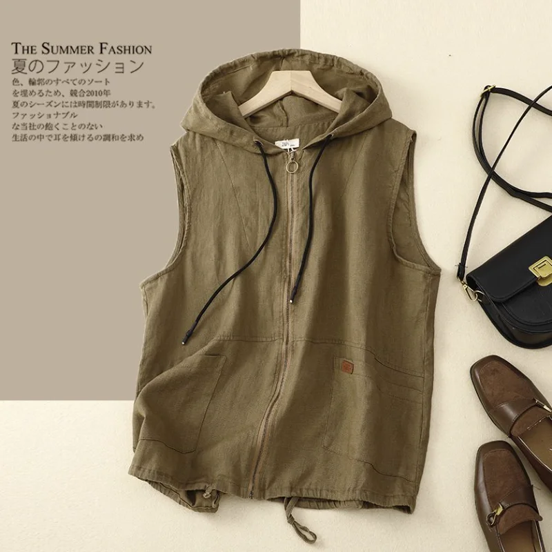 Cotton and Linen Hooded Vest Jacket for Women\'s Spring New Fashion Chic Elegant Pocket Loose Casual Vintage Vest Cardigan