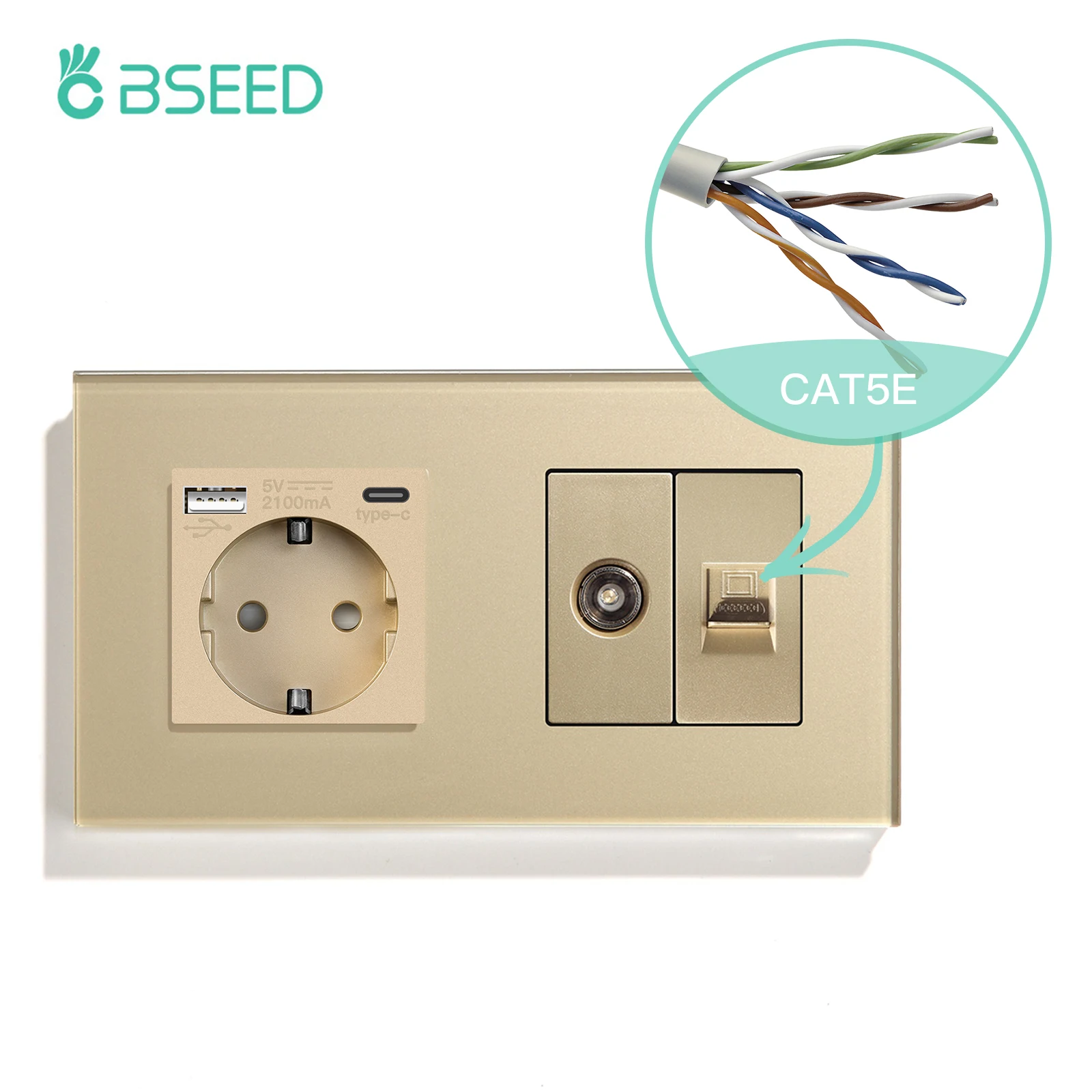 BSEED TV CAT5 mit EU-Buchse, doppelte Wandsteckdosen, TV-Internet, RJ45, PC-Anschlüsse, Typ-C-USB-Steckdosen, Glasrahmen