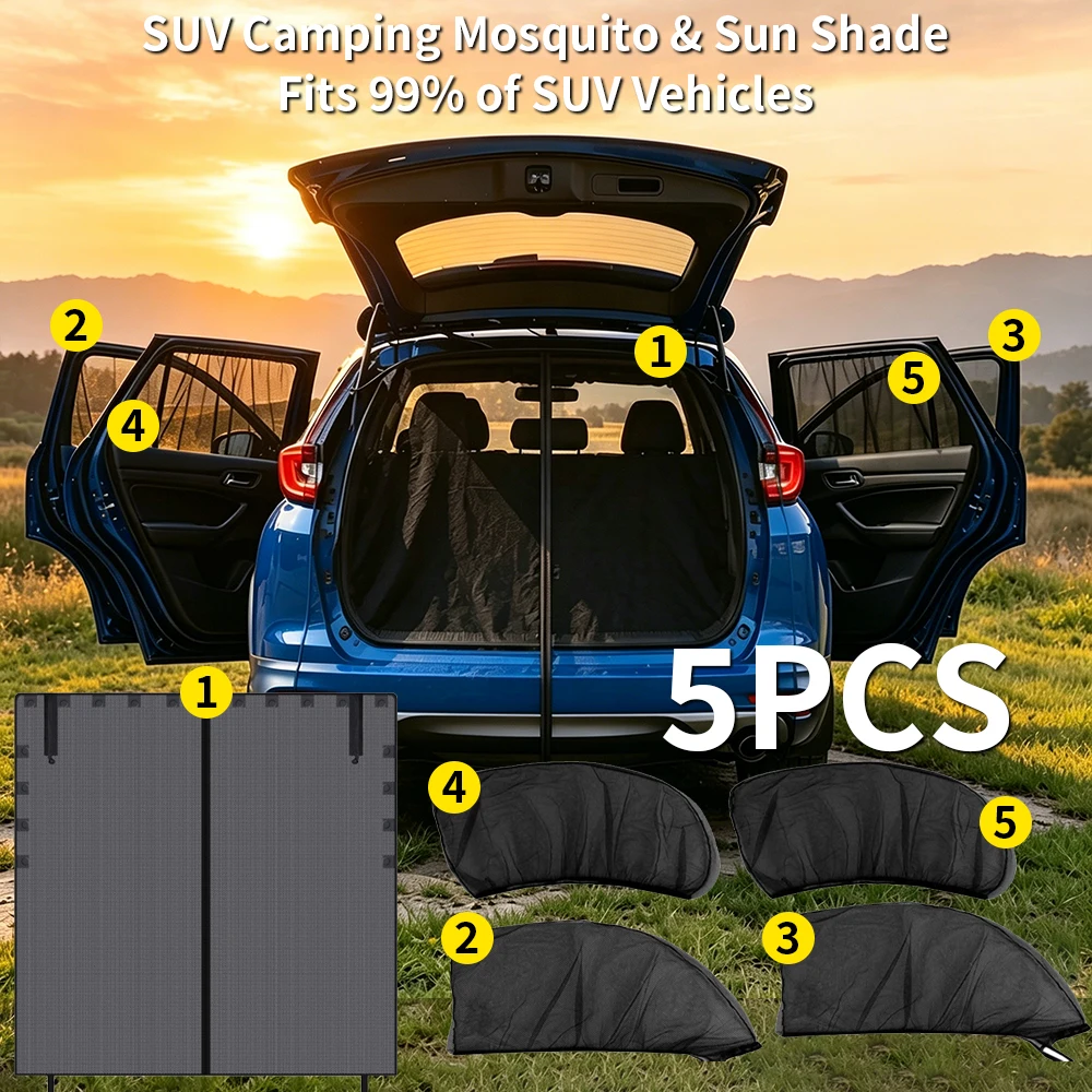 Conjunto de 5 Redes Mosquiteiras para Carro, para Janelas e Porta Traseira de SUV, Adequadas para Acampamento e Viagens Off-Road