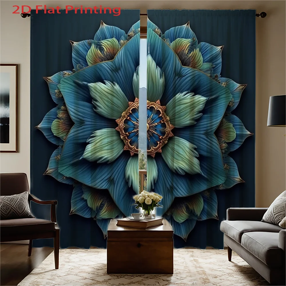 2D Flat, 2pcs Navy Blue & Turquoise Floral Curtains - Semi-Sheer Textured Window Drapes with Large Leaf Pattern, Cordless Contem