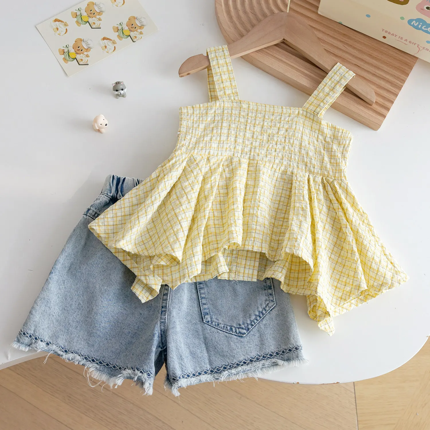 2026 Girls' Summer Set Yellow Grid Strap Doll Shirt Embroidered Cowboy Shorts Baby Summer Set Two Piece