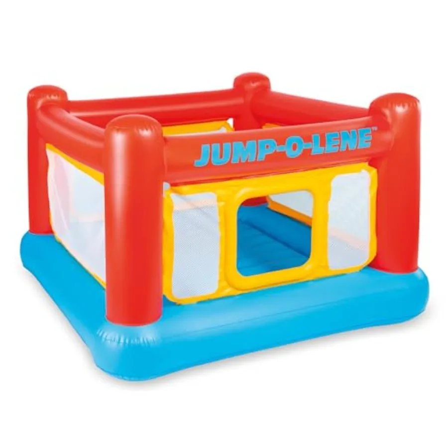 

Inflatable Jump-O-Lene Trampoline Bounce House for backyard use, PVC material, blue and red color, features crawl-thru door and