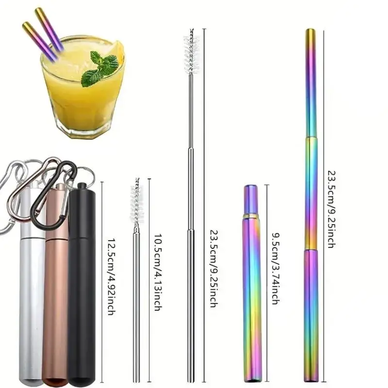New Reusable Stainless Steel Straws Keychain Case Cleaning Collapsible Telescopic Portable Drinking