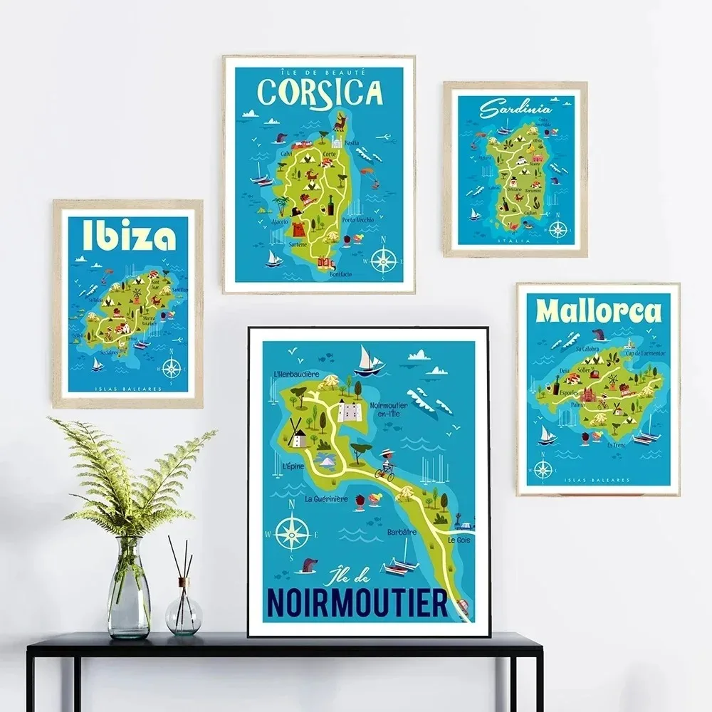 Mallorca Sardinia Corsica Map Green & Blue Wall Arts Posters Canvas Painting for Room Office School Decoration Stuff Home Decor