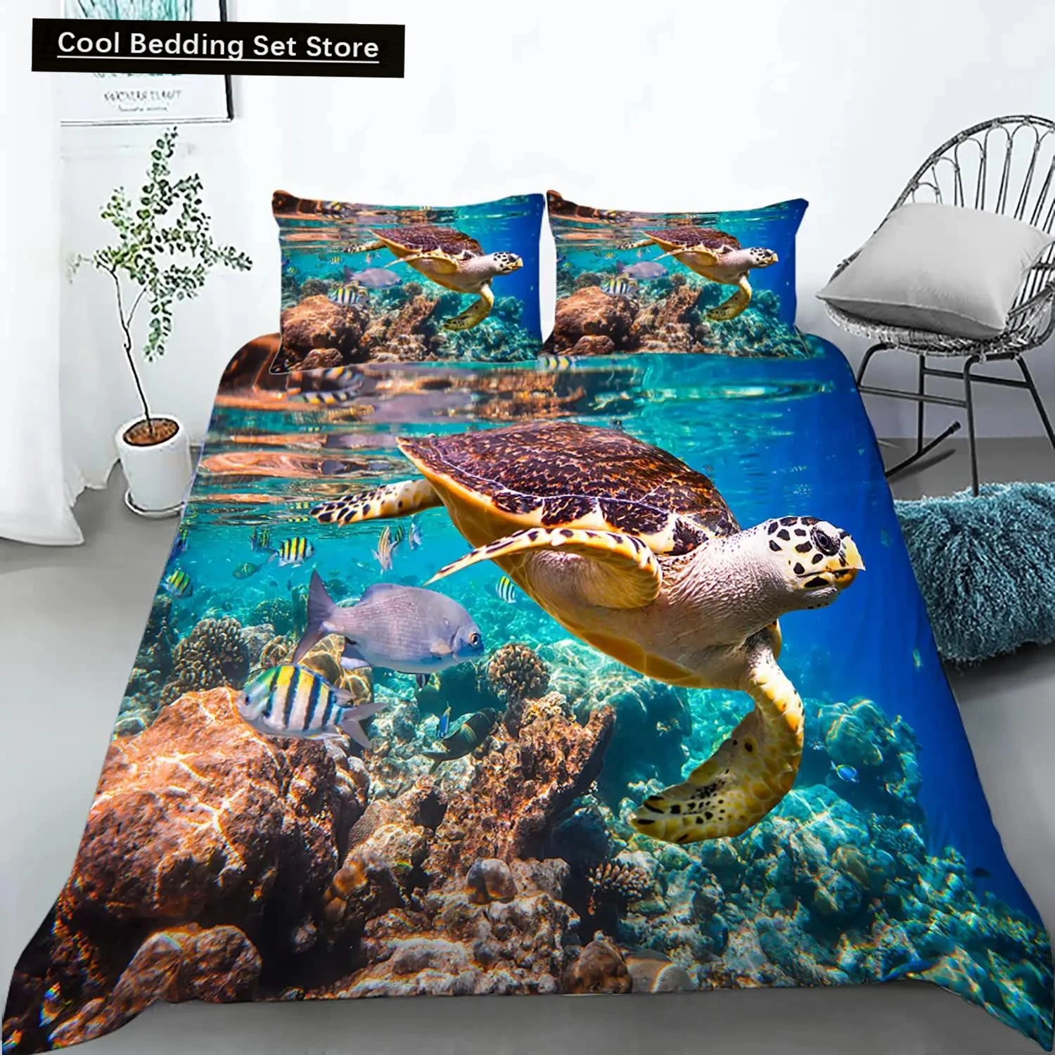 

Sea Turtle Duevt Cover Set King Size Ocean Turtle Themed Comforter Cover for Teens Boys and Girls Soft Polyester Quilt Cover