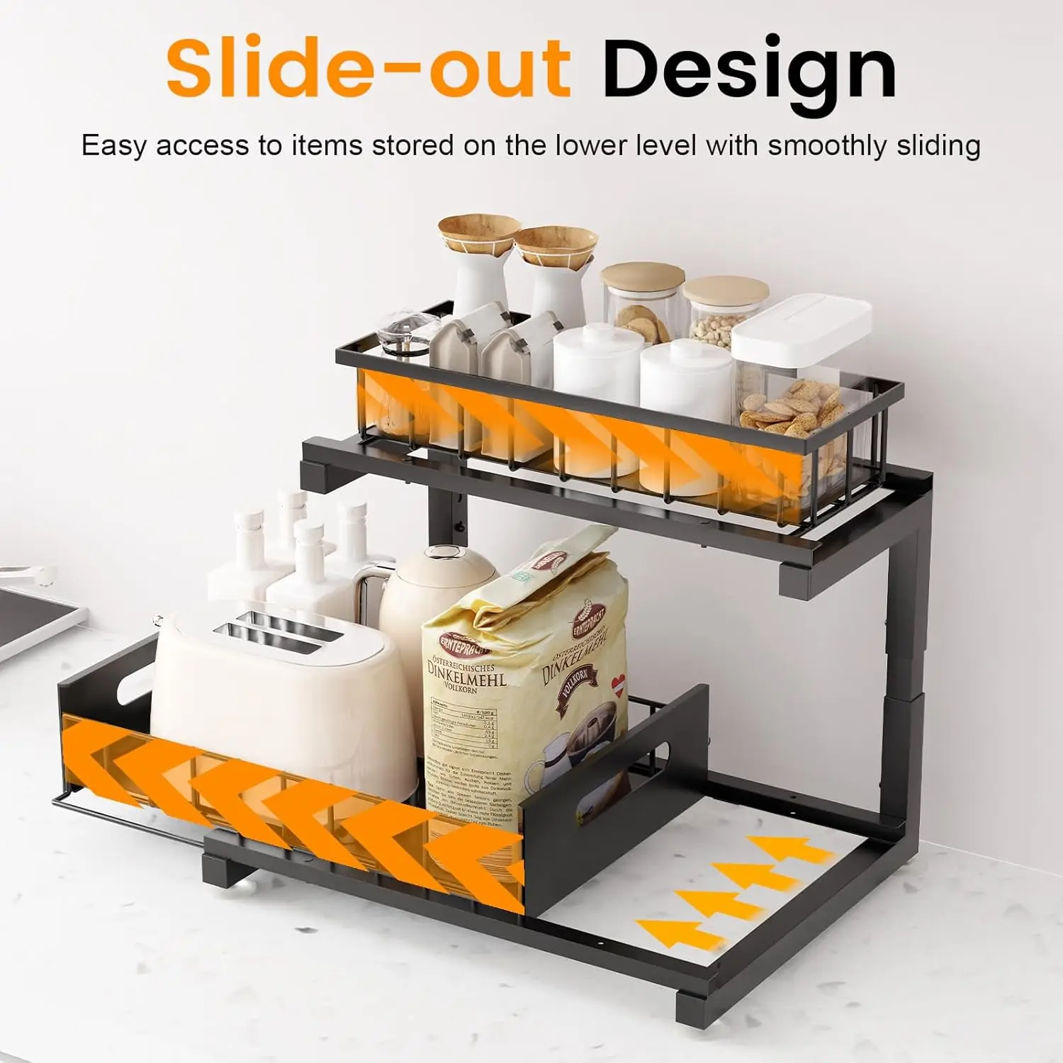 

Органайзер под раковину, 2 упаковки, 2-уровневый сверхпрочный металлический выдвижной органайзер для шкафа, выдвижной органайзер для полки раковины (черный, 2 шт.)