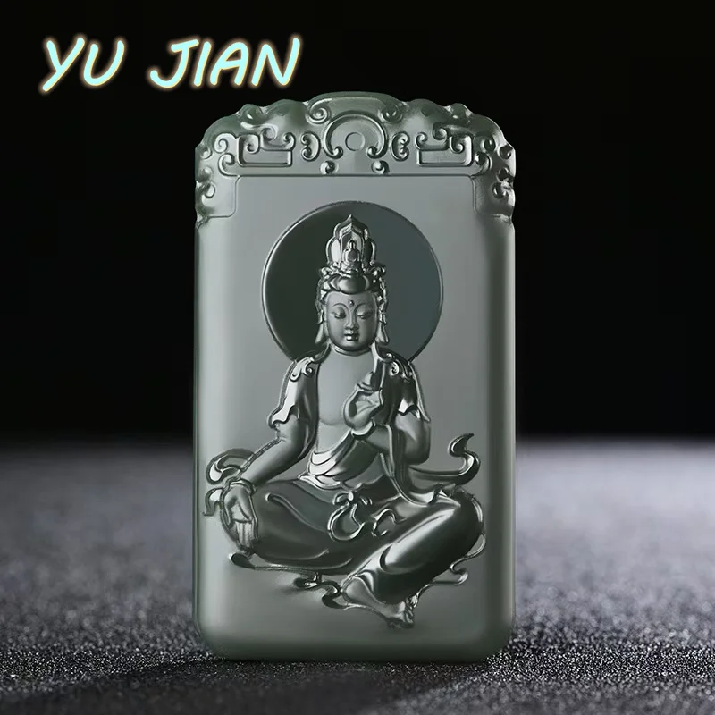 

Natural Hand Made Jade Carving Sitting Guanyin Black And Green Pendant Emerald Necklace Men And Women Exquisite With ChainJewel