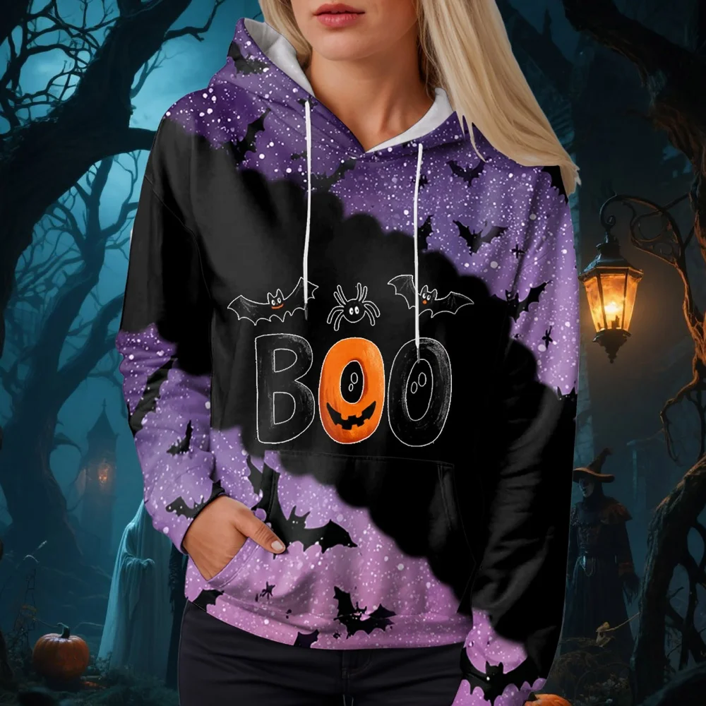 

New Women's Halloween Themed Hoodie Spooky Season Print Bat Spider Web Pattern Long Sleeve Drawstring Hoodie Autumn Sweatshirt