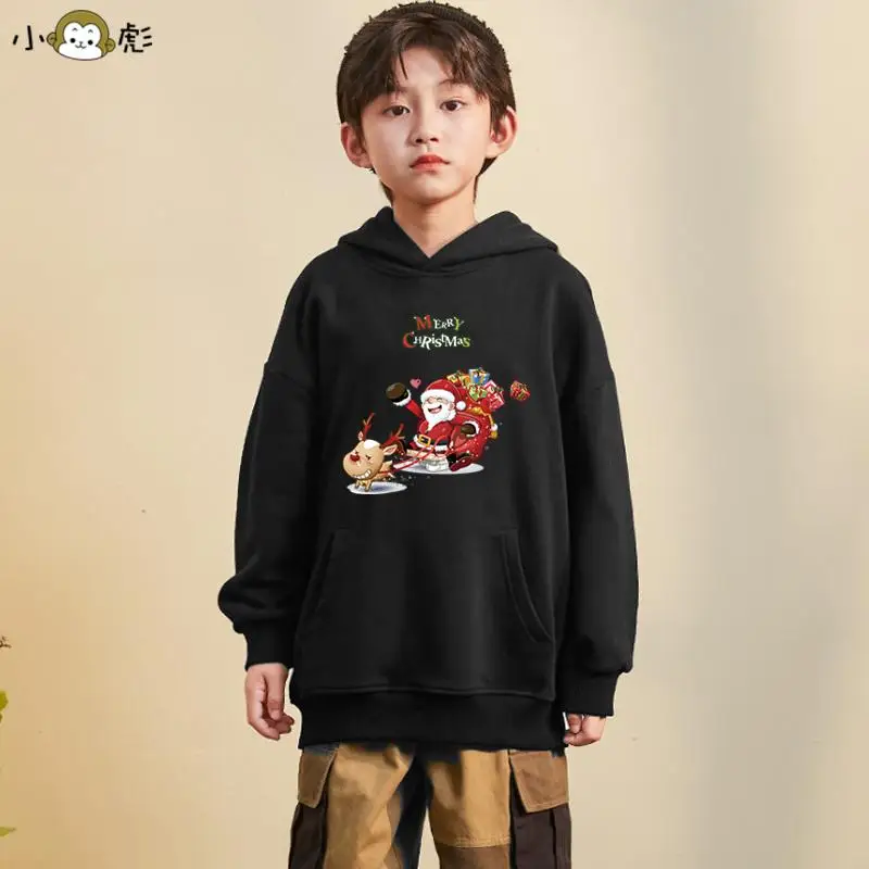 Children Merry Christmas Hoodie Cartoon Santa Reindeer Print Long Sleeve Fleece Pullover Boys Girls Xmas Casual Tops