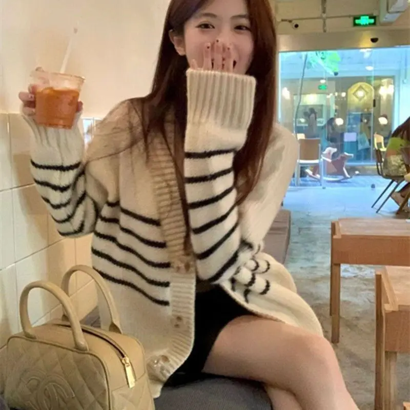 Kimutomo Women Lazy Style Sweater 2026 Spring Autumn Thick Soft Knitted Warm Cardigan Academia Striped Outerwear Top