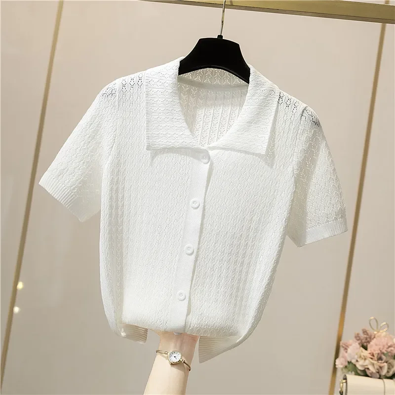 2024 Knitting Women\'s Ribbed Button Up Polo Shirt Female Chic Solid Short Sleeve Green Top Hollow Out Tees Purple Clothing ZL405