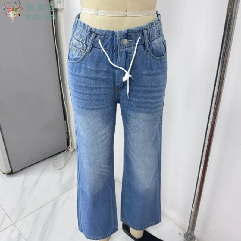 

Женские широкие джинсы светлого цвета, модные брюки с высокой талией, свободные брюки длиной до пола с эластичной резинкой на талии, большие размеры, уличная одежда, тонкие