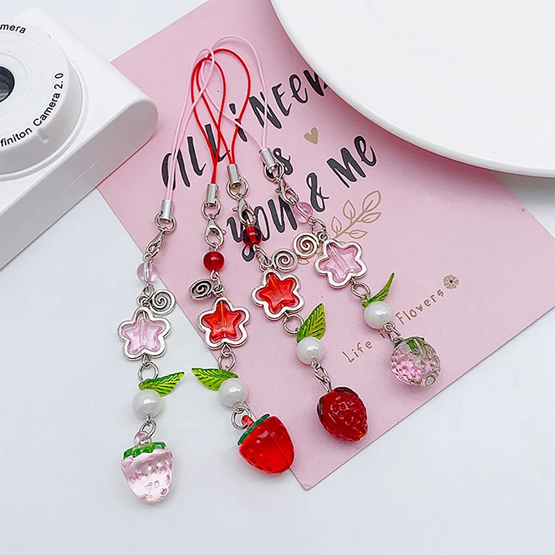 Korean Cute Strawberry Mobile Phone Chain Y2K Sweet Fruits Beaded Phone Lanyard Keychain For Girls Phone Pendant Charms