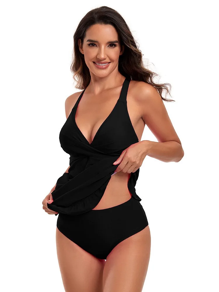 ملابس السباحة النسائية عالية الجودة النايلون الصيف تنورة نمط Tankini العميق الخامس بلون Strappy زي سباحة من قطعتين المرأة التخليص