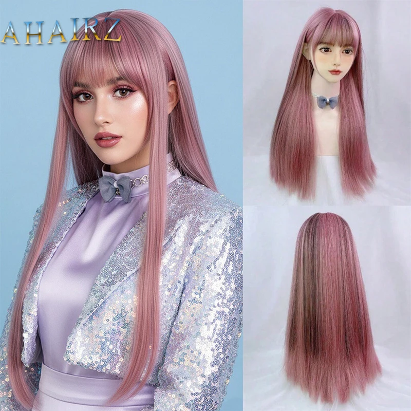 

Synthetic Long Mixed Pink Straight Wig with Bangs for Women Cosplay Lolita Party Fake Hair Heat Resistant