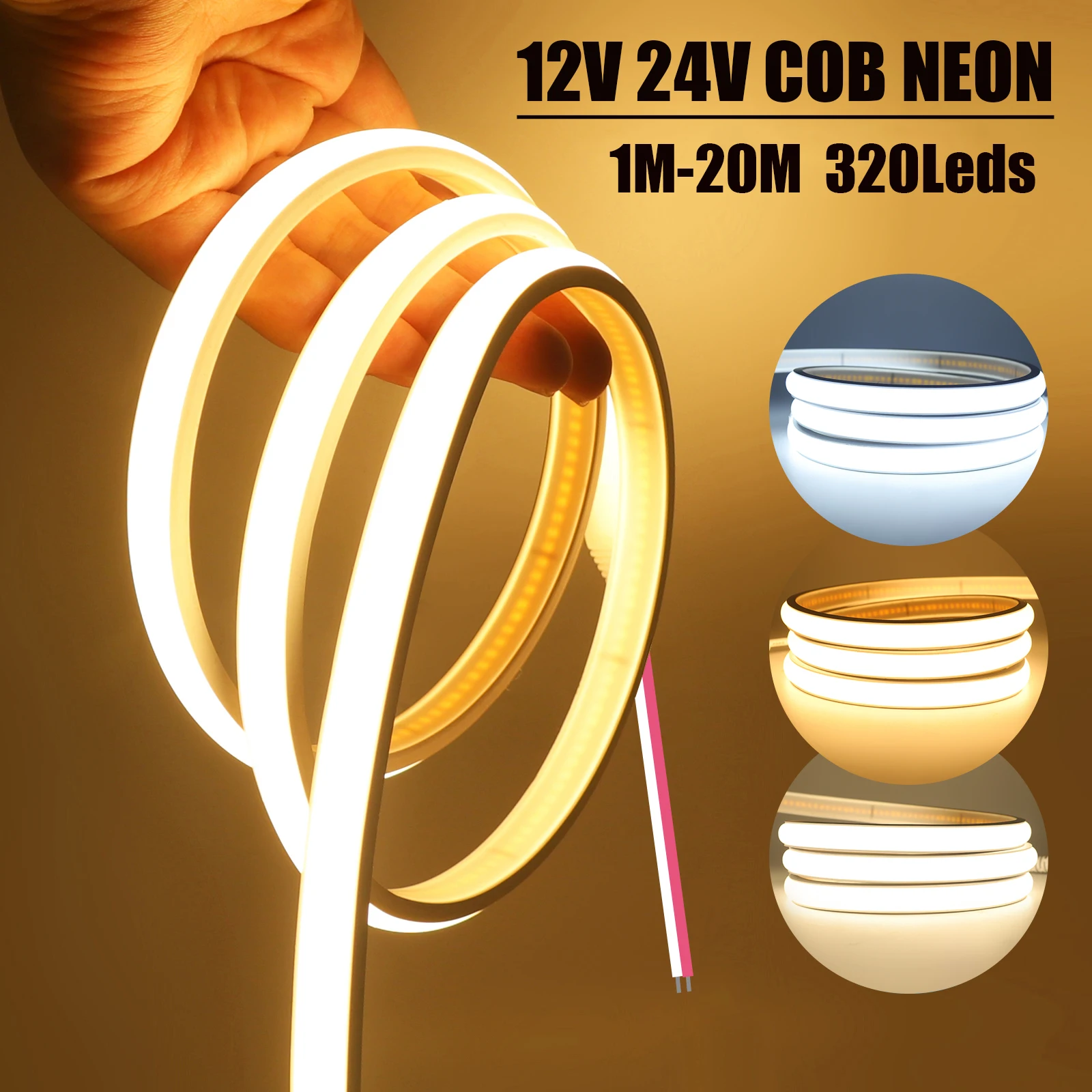 

12V 24V 320Leds/M COB Neon Strip Waterproof 3000K 4000K 6000K Home Garden Decor High Brighter Flexible Ribbon Rope LED Light