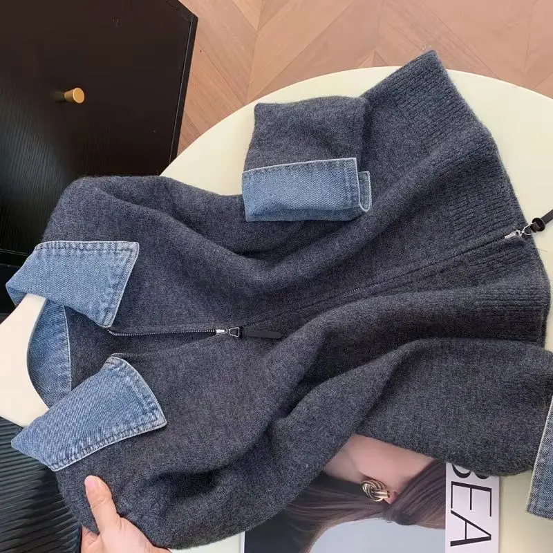 Autumn Winter Lapel Long Sleeve Denim Stitching Women's Knitted Cardigan Sweater Jacket Double Zipper Be All-match Ladies Top