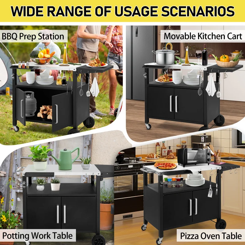 Уличная тележка для гриля с местом для хранения, передвижная тележка для барбекю, кухонный остров для барбекю, обеденная тележка для патио, стол для приготовления еды с Whe
