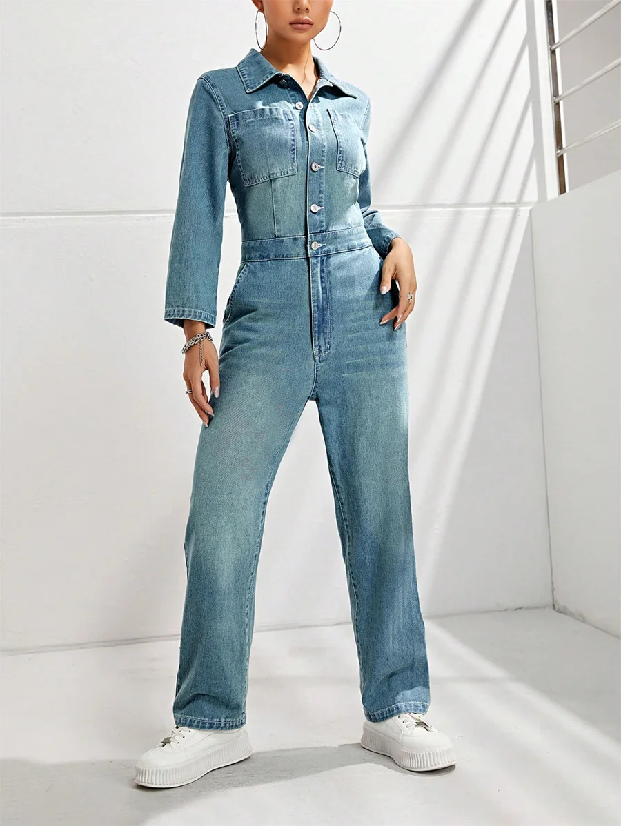 Benuynffy American Retro Washed Denim Jumpsuit Women's Autumn High Waist Half Button Casual Straight Leg Jumpsuit with Pockets