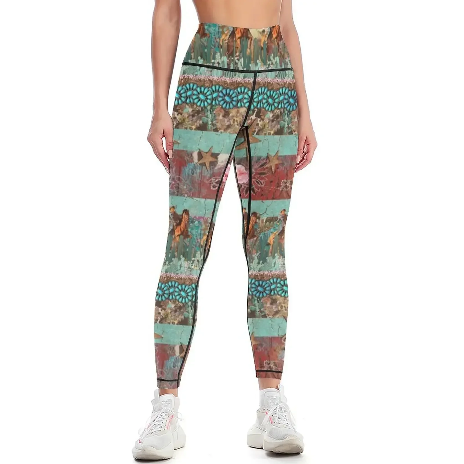 

Western Collage of Vintage Cowboy, Turquoise and Red Bandana Leggings for girls sport set flared Womens Leggings