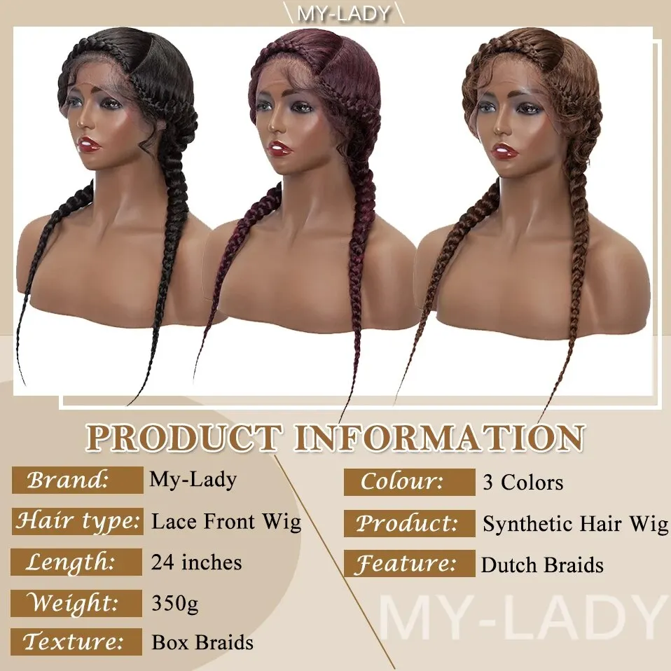 My-Lady Synthetic 24\'\' Braided Lace Front Wig With Baby Hair Dutch Cornrow Braids Lace Wigs For Black Women Box Braids Afro Wig