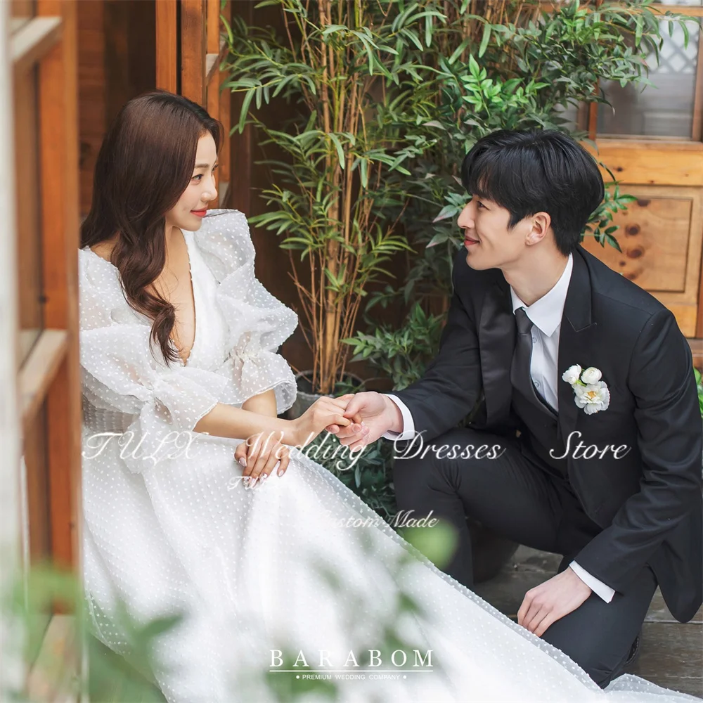 TULX robe de mariée en tulle à pois ivoire corée séance photo col en V manches longues une ligne longues robes de mariée Corset personnalisé ...........