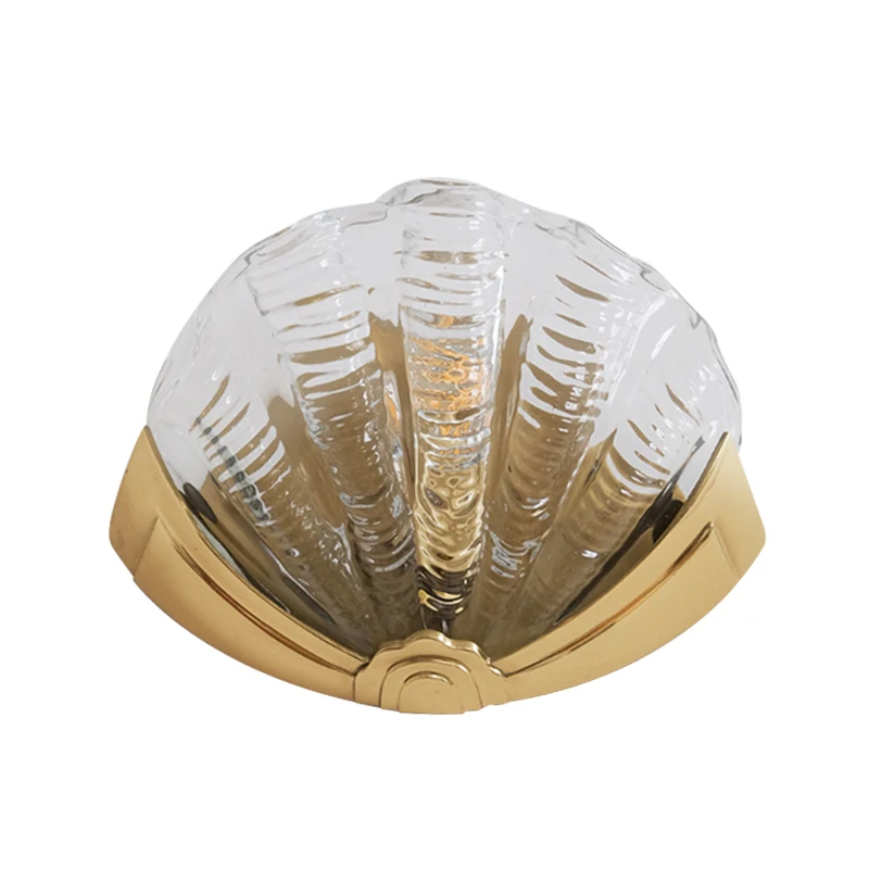 French All Copper Wall Lamps LED Light Shell Glass Lampshade Personality Living Room Aisle Bedroom Hotel Eye Protection Sconces