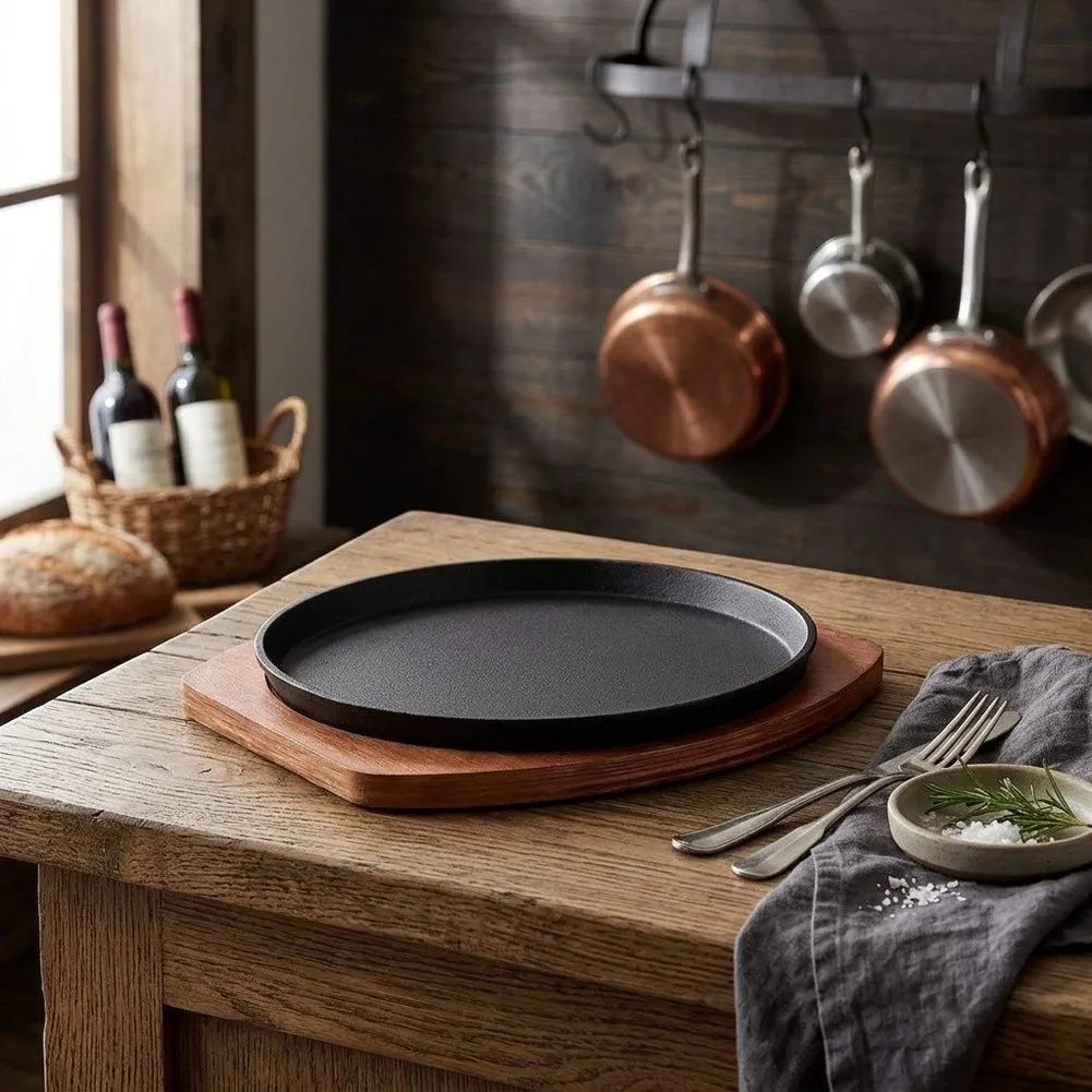 25/27/29cm Cast Iron Round Platter With Wood Trivet Heat Retaining Serving Dish Kitchen Restaurant Beef Meal Cooking Supply